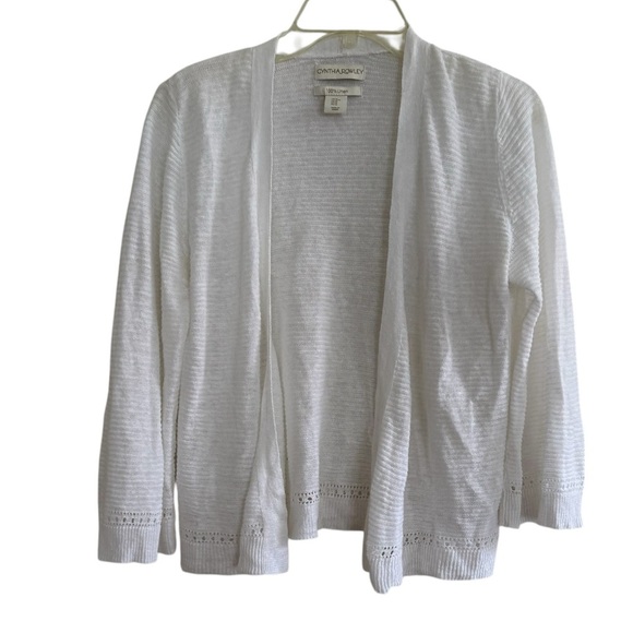 Cynthia Rowley Sweaters - Cynthia Rowley 100% Linen White Cardigan Open Front 3/4 Sleeve Ribbed Coastal M